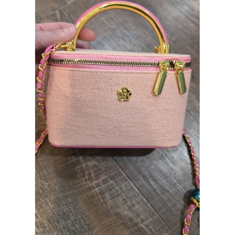 Pink Beige Shoulder Bag Gold Chain Strap Bag Charm Top Handle Women Rectangle